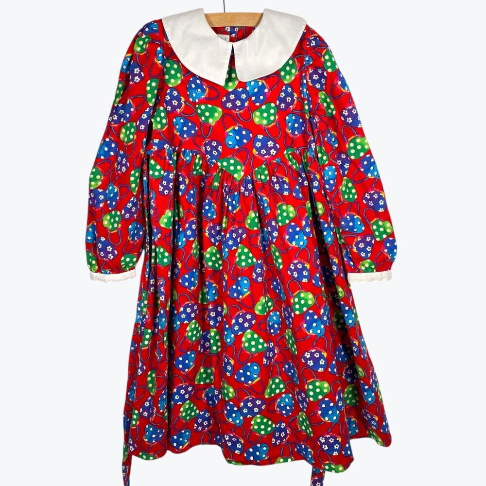 Cary Vintage Girls Dress 6X Red Purse Polka Dot Print White Collar Cotton USA